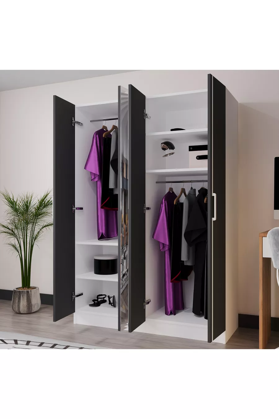 Armoire 4 portes PIANO pour chambre d'adolescent/enfant - Armoire gris anthracite et blanc avec miroir