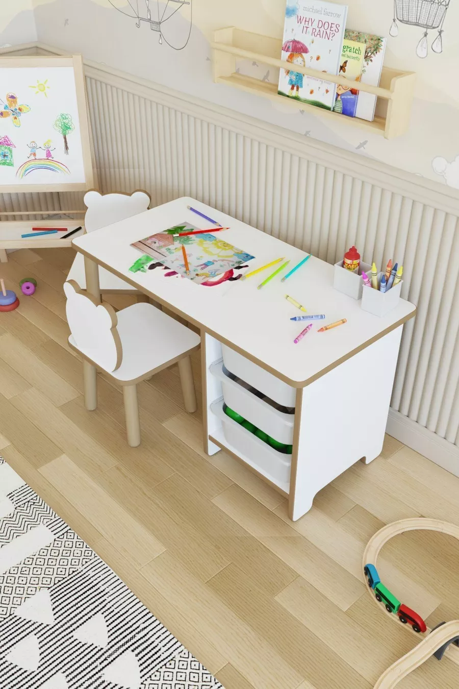 Ensemble table et chaises pour enfants - Table de travail et d'activités avec 3 paniers - Surface effaçable à sec - 2 chaises Panda