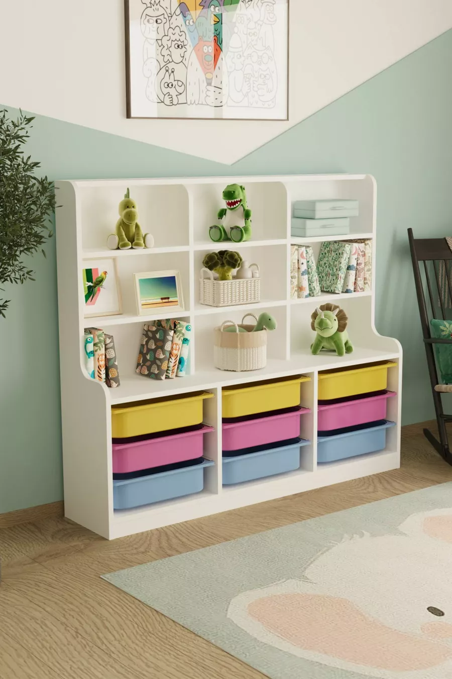 Armoire de jouets polyvalente Sinous à 9 paniers, colorée