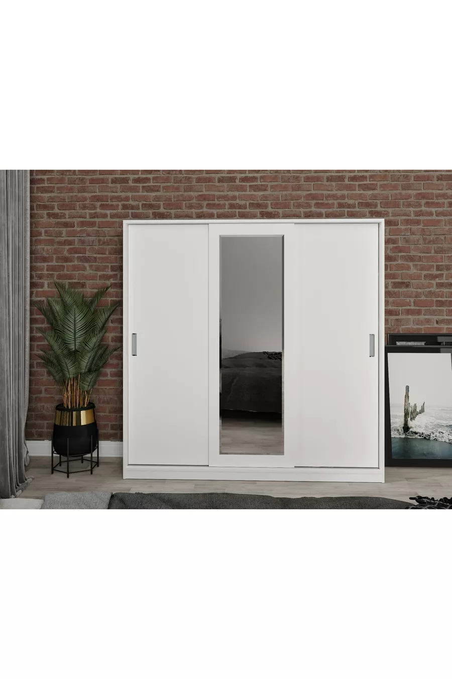 Armoire à vêtements Samira en MDF avec portes coulissantes et miroir blanc - MDF de première qualité