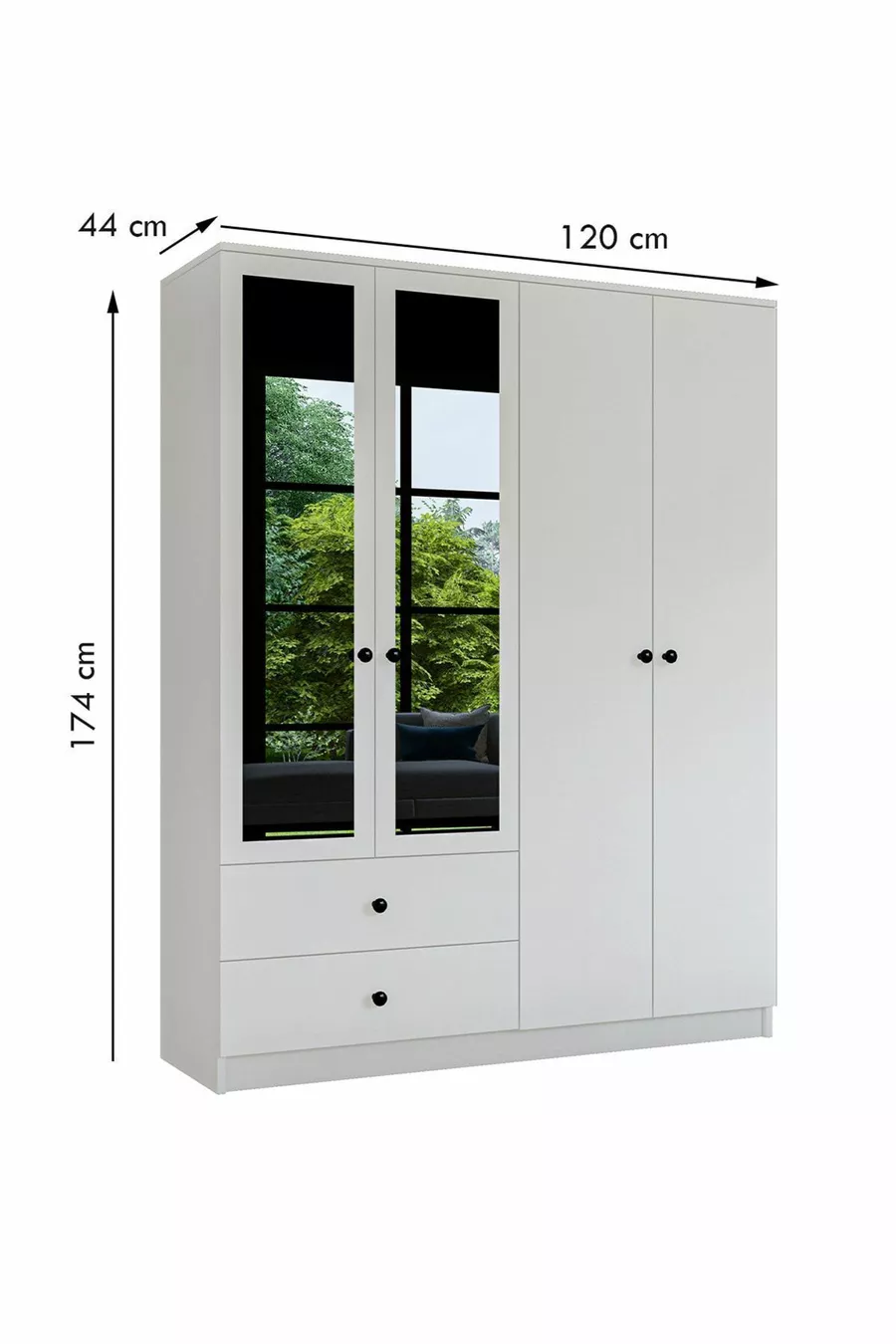 Armoire 4 portes 2 tiroirs GM  Novado avec poignées boutons et miroir