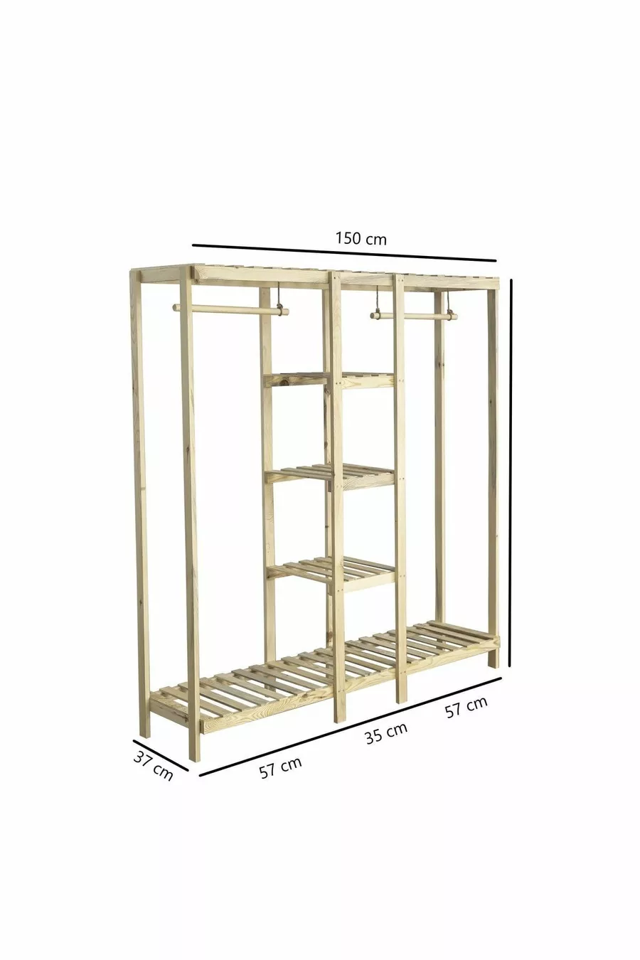 Armoire ouverte en bois avec 2 tringles  cm Armoire polyvalente en bois de pin massif à  %