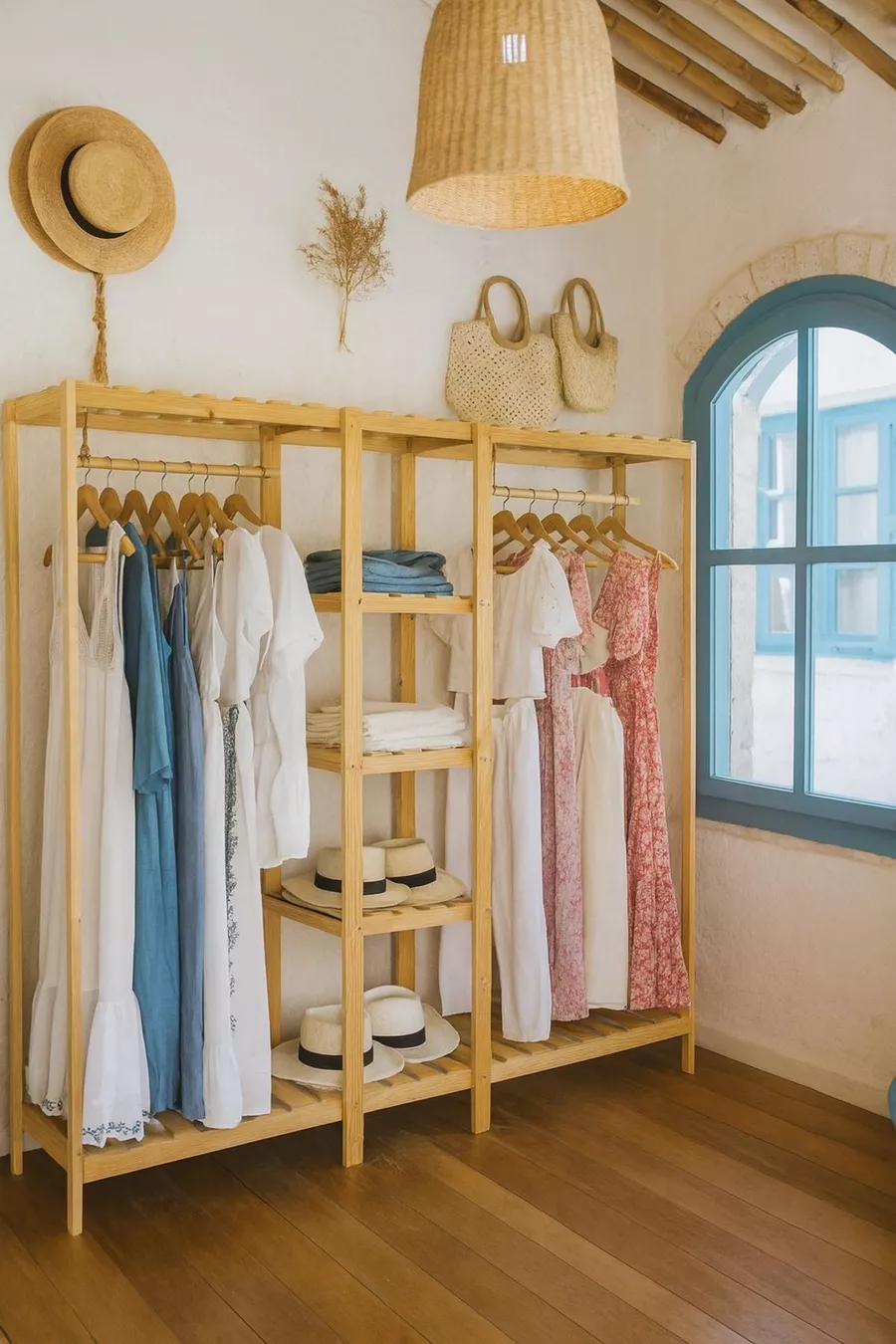 Armoire ouverte en bois avec 2 tringles  cm Armoire polyvalente en bois de pin massif à  %