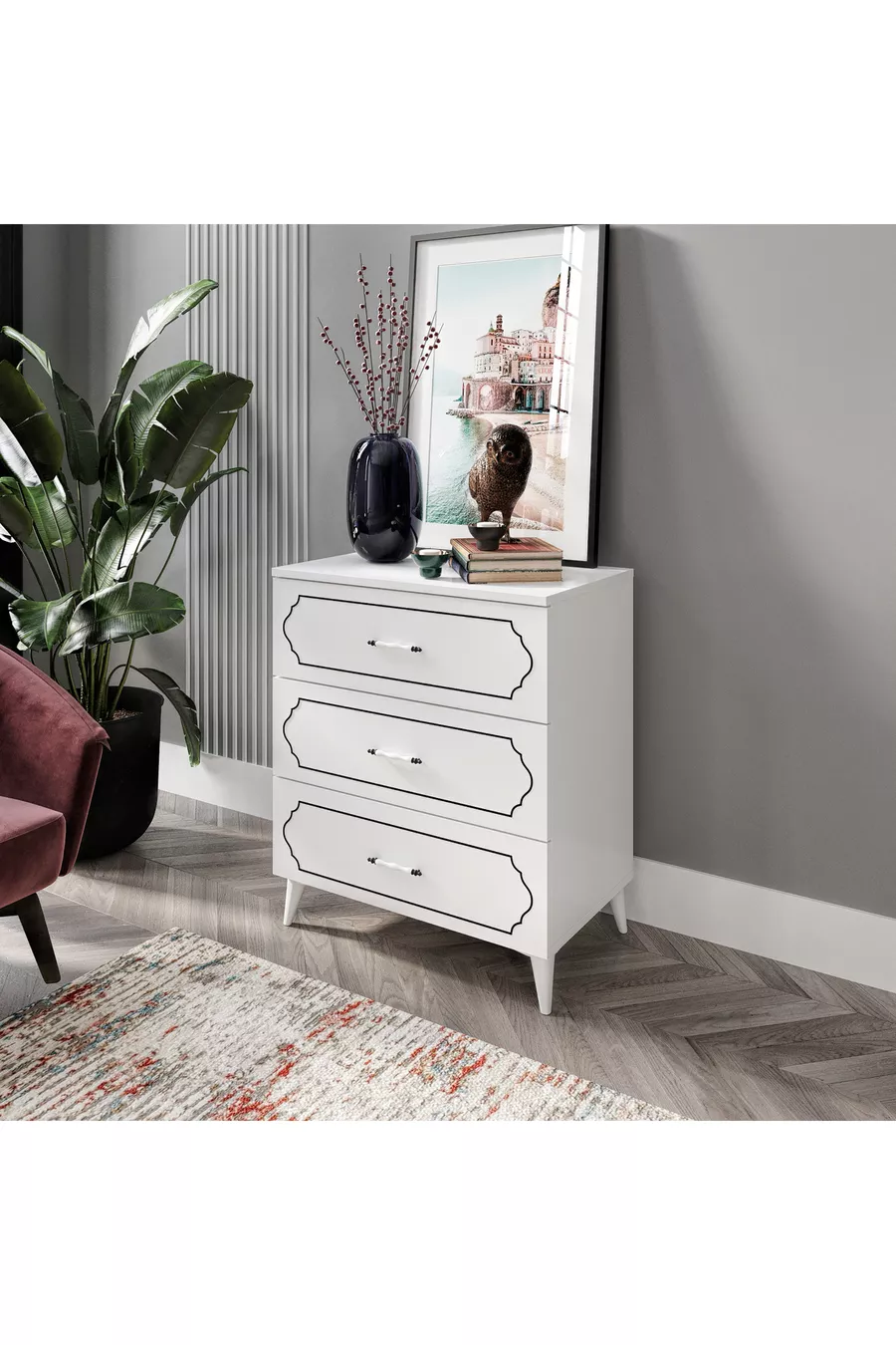 Commode moderne à 3 tiroirs Hayal blanche - Entièrement en MDF de qualité 1