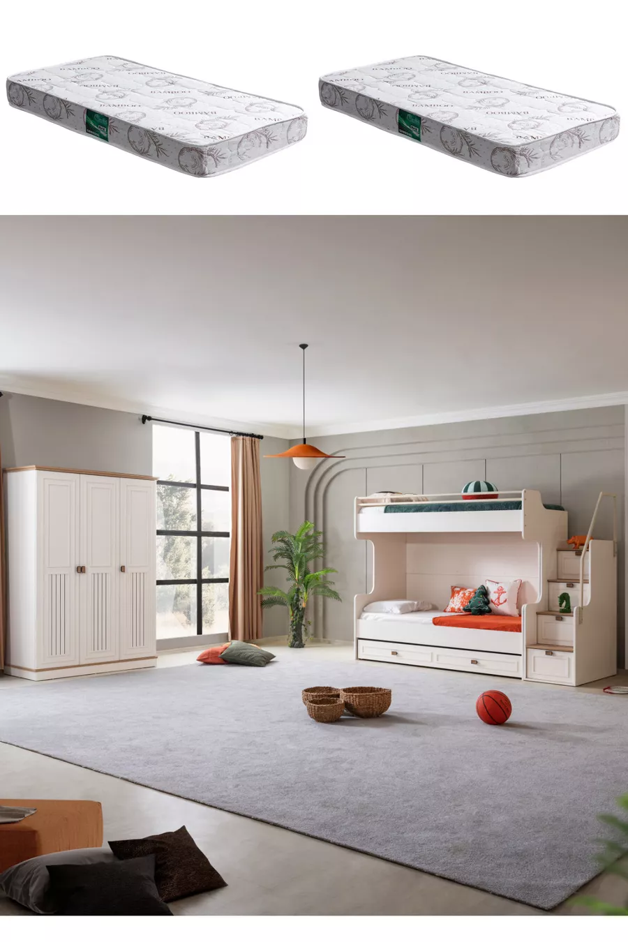 Lit superposé, Lit superposé avec tiroirs Zenit Plus, Armoire à 3 portes, 2 matelas confort