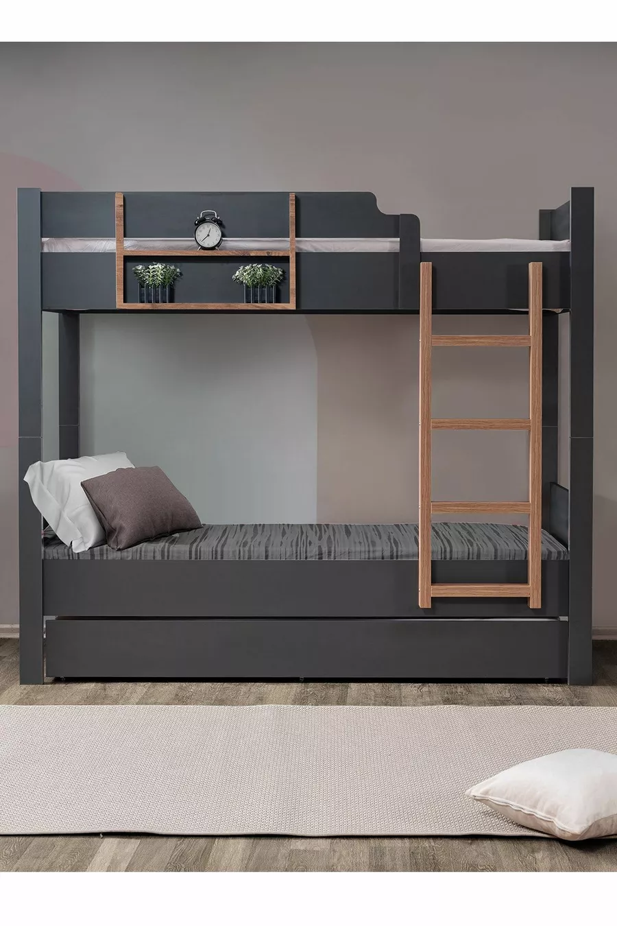 Lits superposés Ranza, lits superposés modulables avec tiroirs Anthracite - Noyer