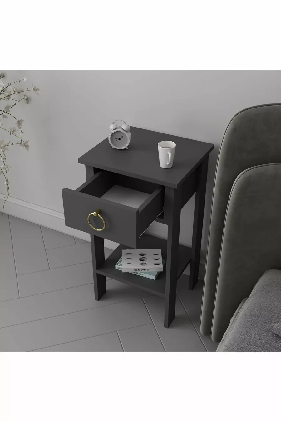Table de chevet Mandosi Mobilier à un tiroir avec poignée anthracite et dorée