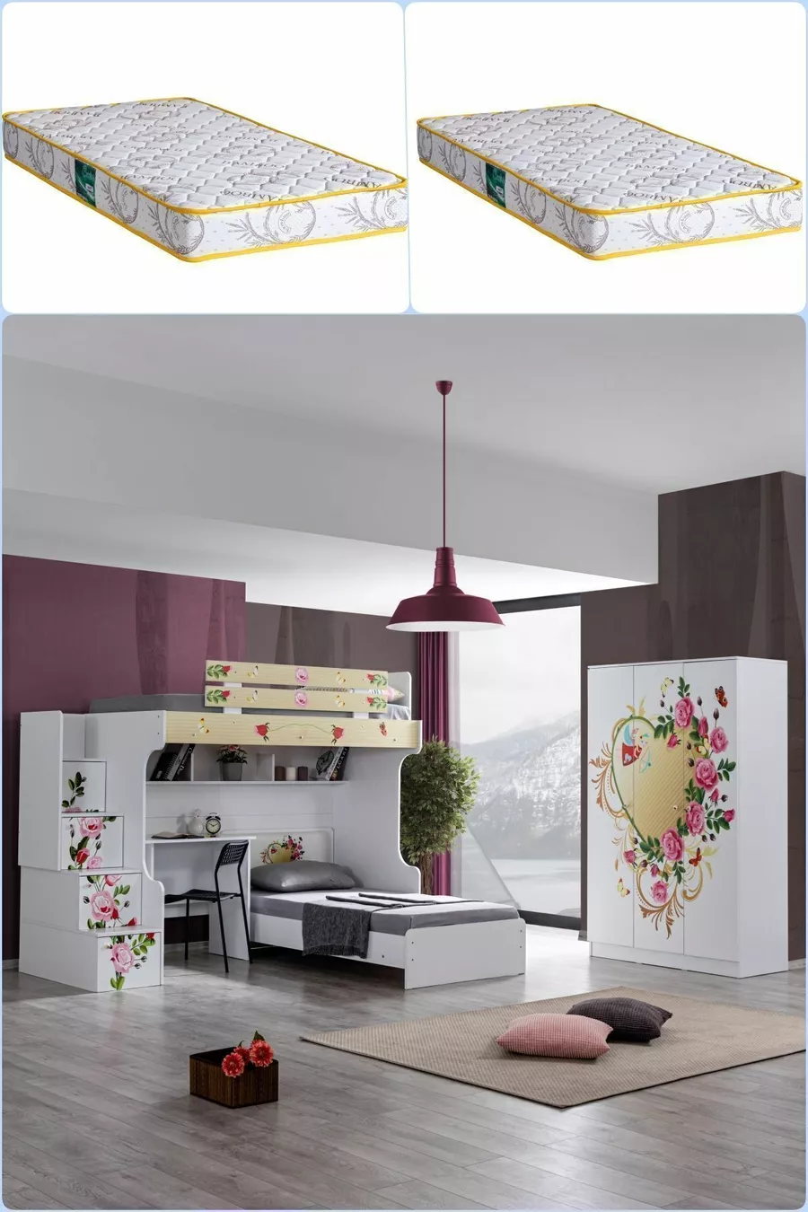 Lits superposés, Lit Mira Ranza avec bureau, armoire 3 portes et 2 matelas Comfort