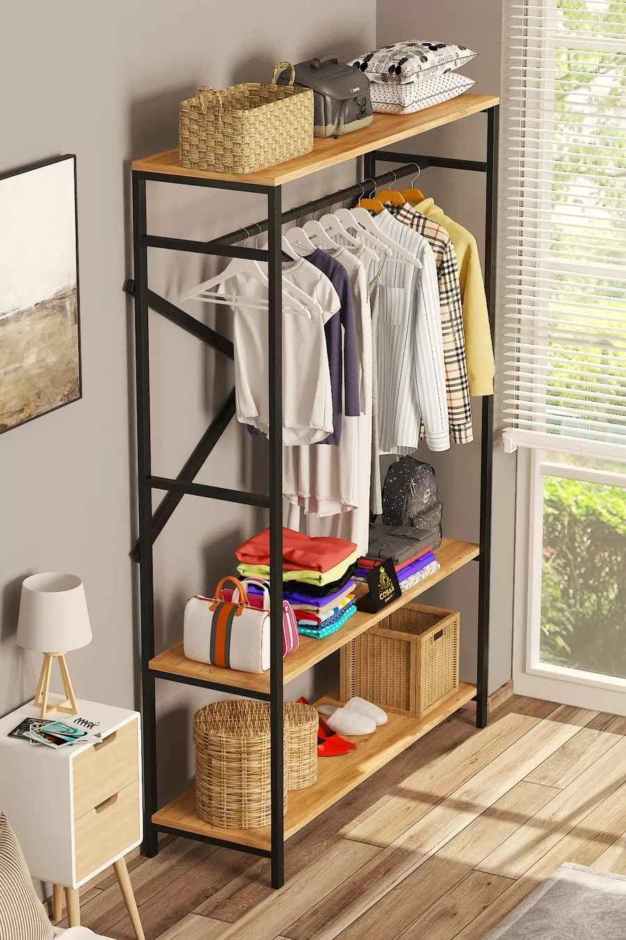 Alkor  Armoire Vestiaire Ouverte en Panneau de Particules Métal avec Motif Bois Massif Porte-Manteaux