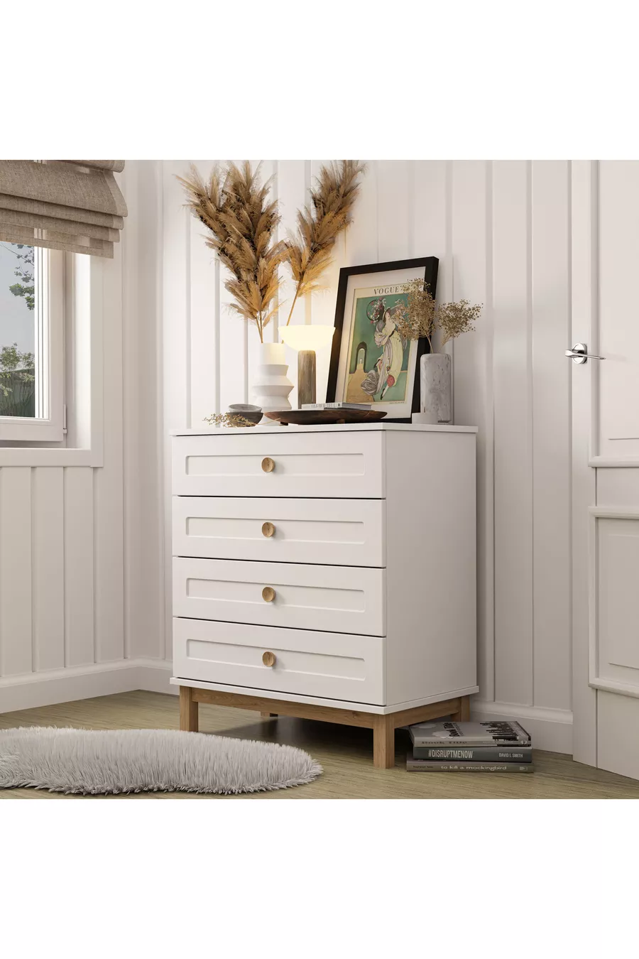 Commode Desa 4 tiroirs avec portes en MDF à glissières télescopiques (pieds en profilé MDF) Blanche - Panier