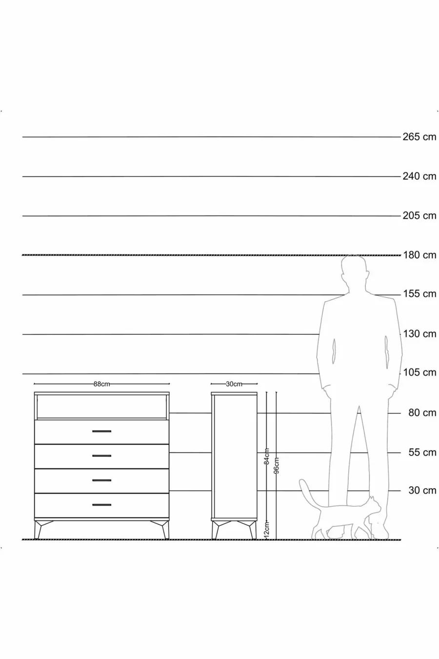 Commode Arges à un seul étagère et 4 tiroirs en pin-anthracite