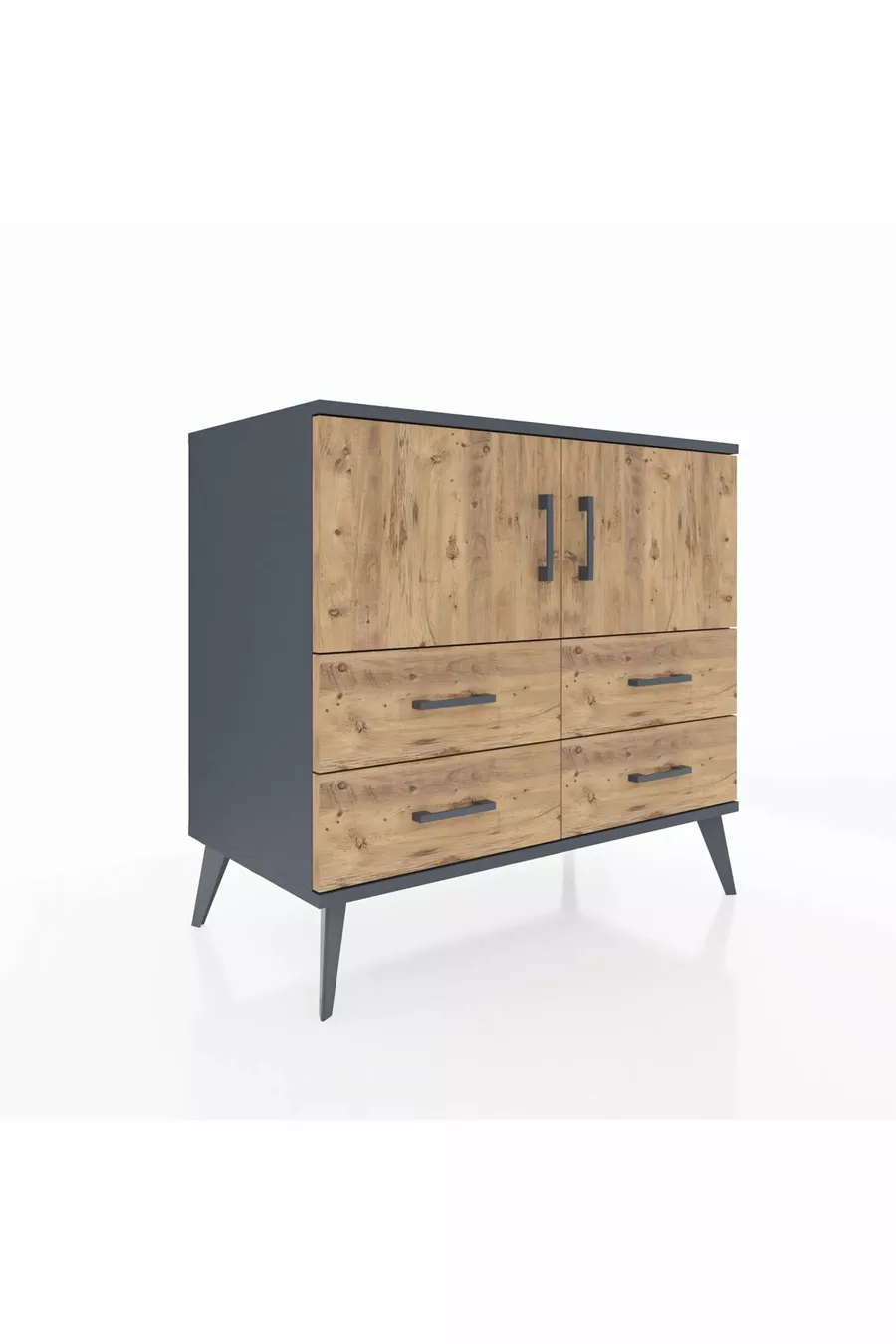 Commode Hyperion avec 2 étagères, 4 tiroirs et 2 portes, Anthracite-Sapin