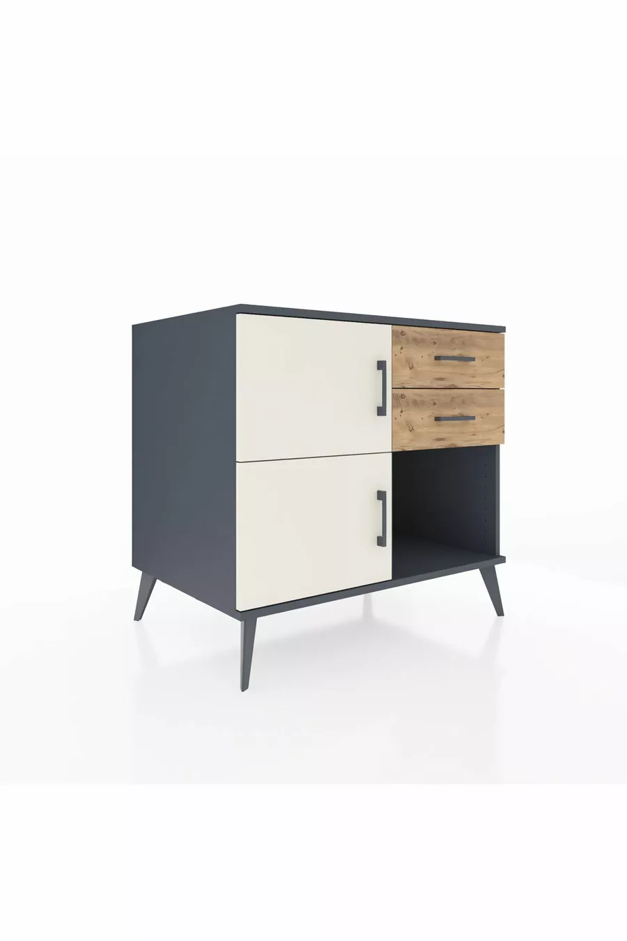 Commode Kronos à une étagère, 2 tiroirs, 2 portes, Anthracite-Pierre de Lune/Pin