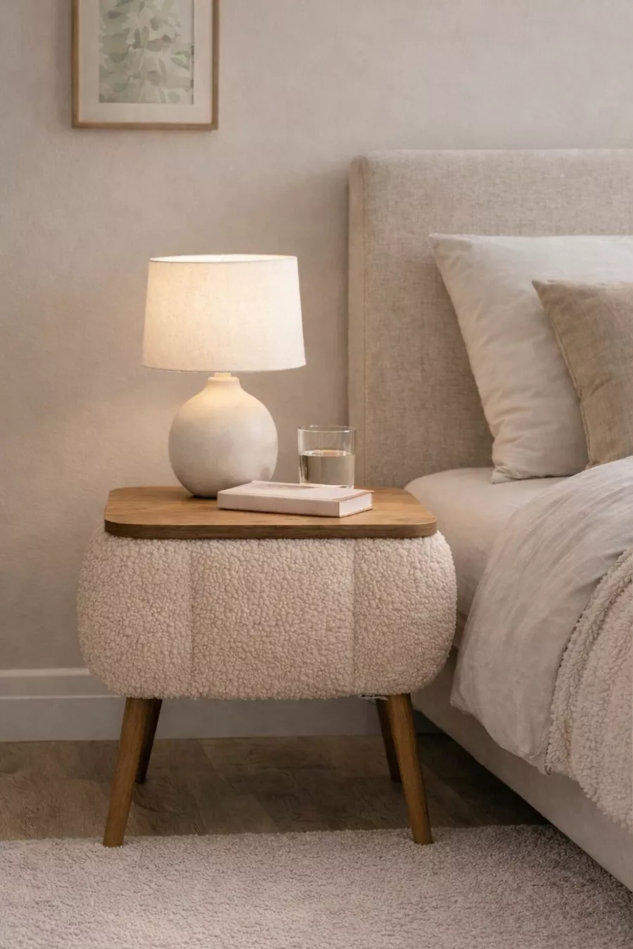 Table de chevet Lina Sandıklı, table de chevet moderne avec pieds en bois recouverts de tissu Teddy
