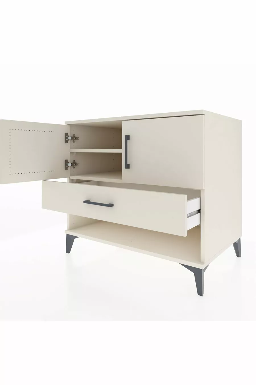 Commode Kronos avec 2 étagères, 1 tiroir et 2 portes, Pierre de Lune-Pier de Lune