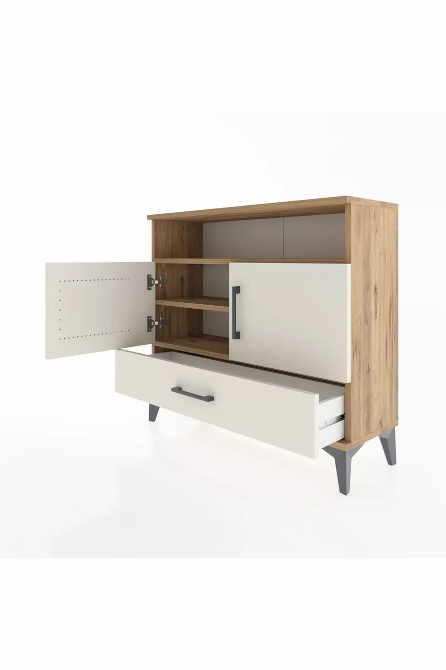 Commode Arges avec 3 étagères, 1 tiroir et 2 portes, en pin-pierre d'ardoise