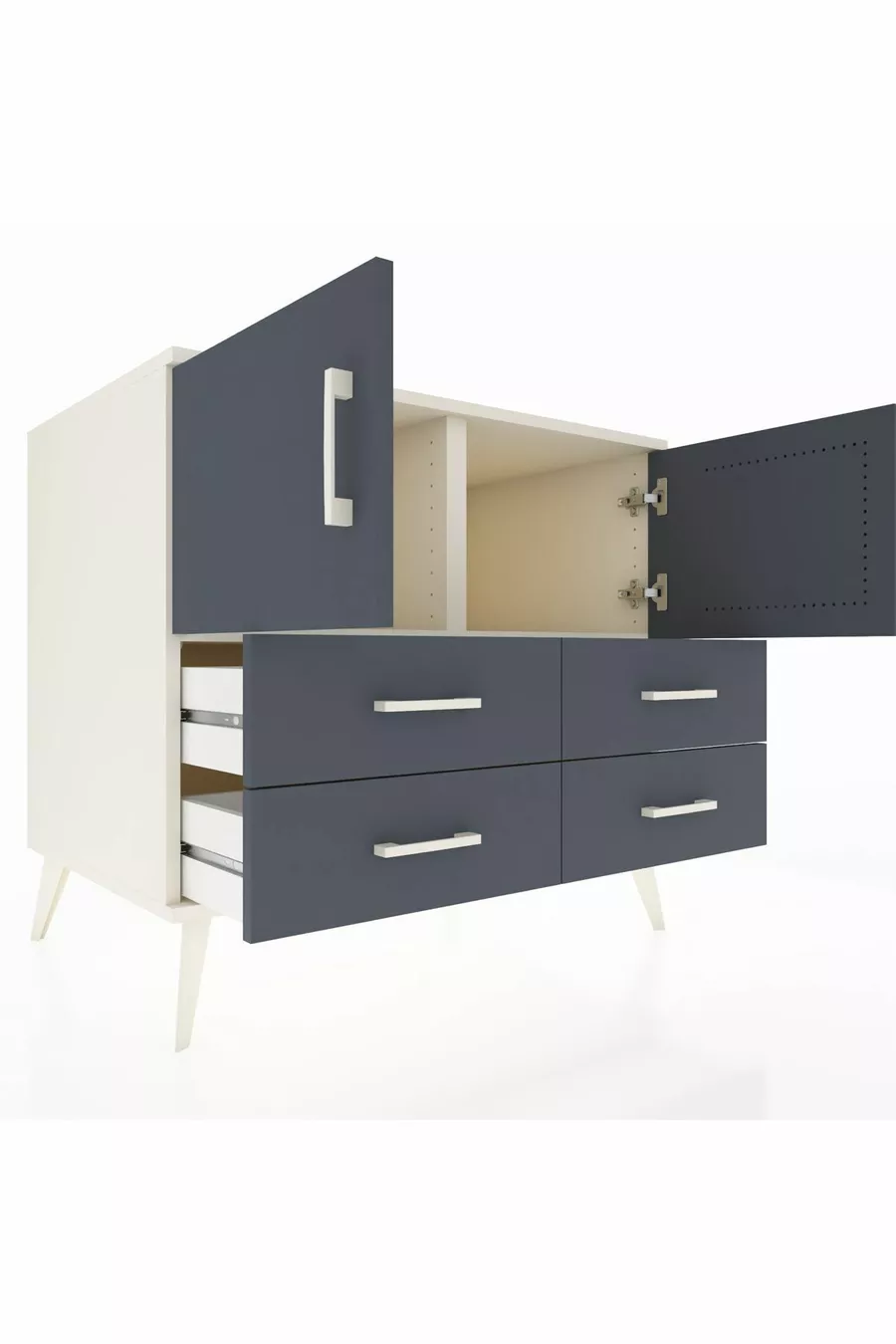 Commode Kronos avec 2 étagères, 4 tiroirs et 2 portes, Pierre de lune-Anthracite