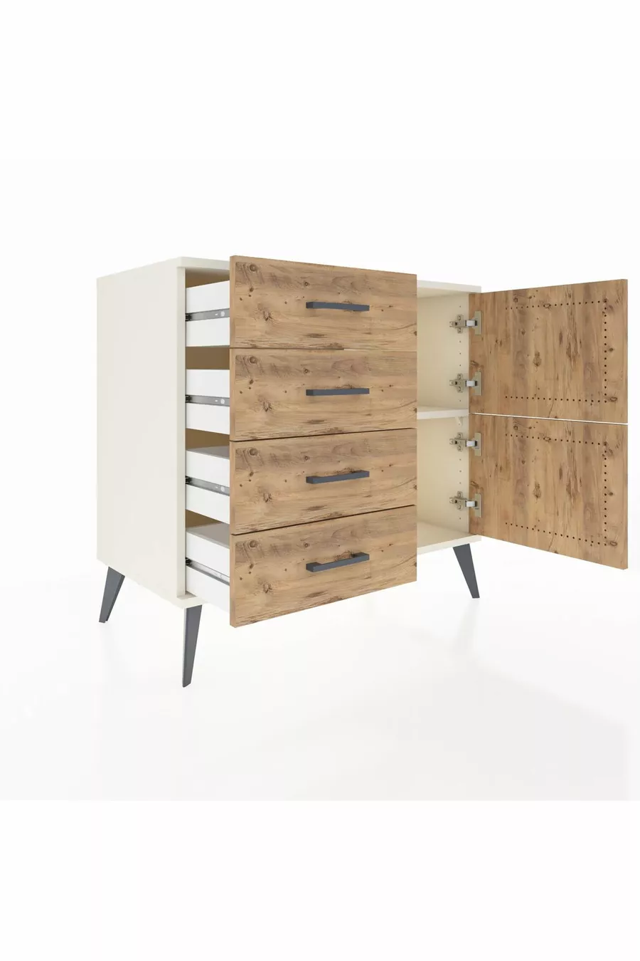 Commode Hyperion à une étagère, 4 tiroirs et 2 portes, Pierre de lune-Pin