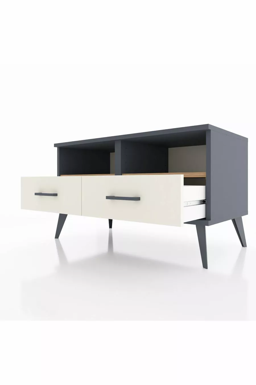Commode Hyperion 2 étagères 2 tiroirs Anthracite-Pin/Pierre de Lune