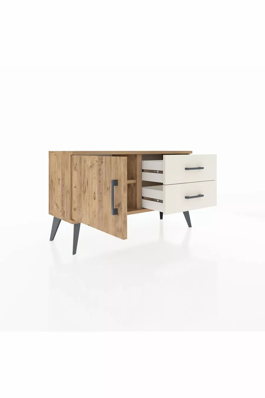 Commode Arges avec une étagère, 2 tiroirs et une porte, pin-pin / pierre de lune