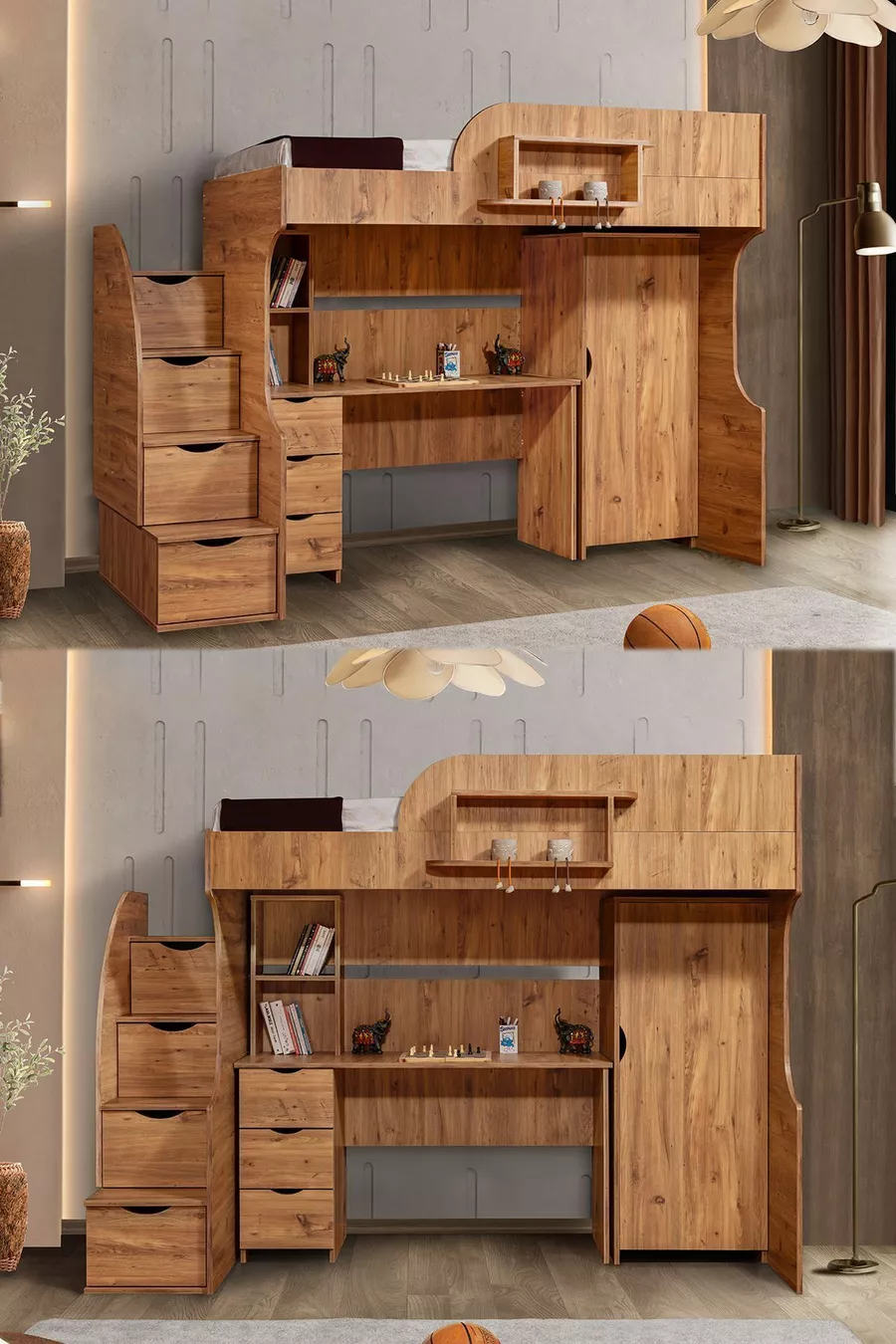 Lit superposé, litera avec armoire et bureau, noyer foncé, 1 matelas Comfort