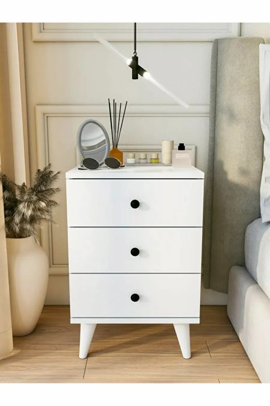 Table de chevet blanche brillante moderne à 3 tiroirs pour chambre à coucher