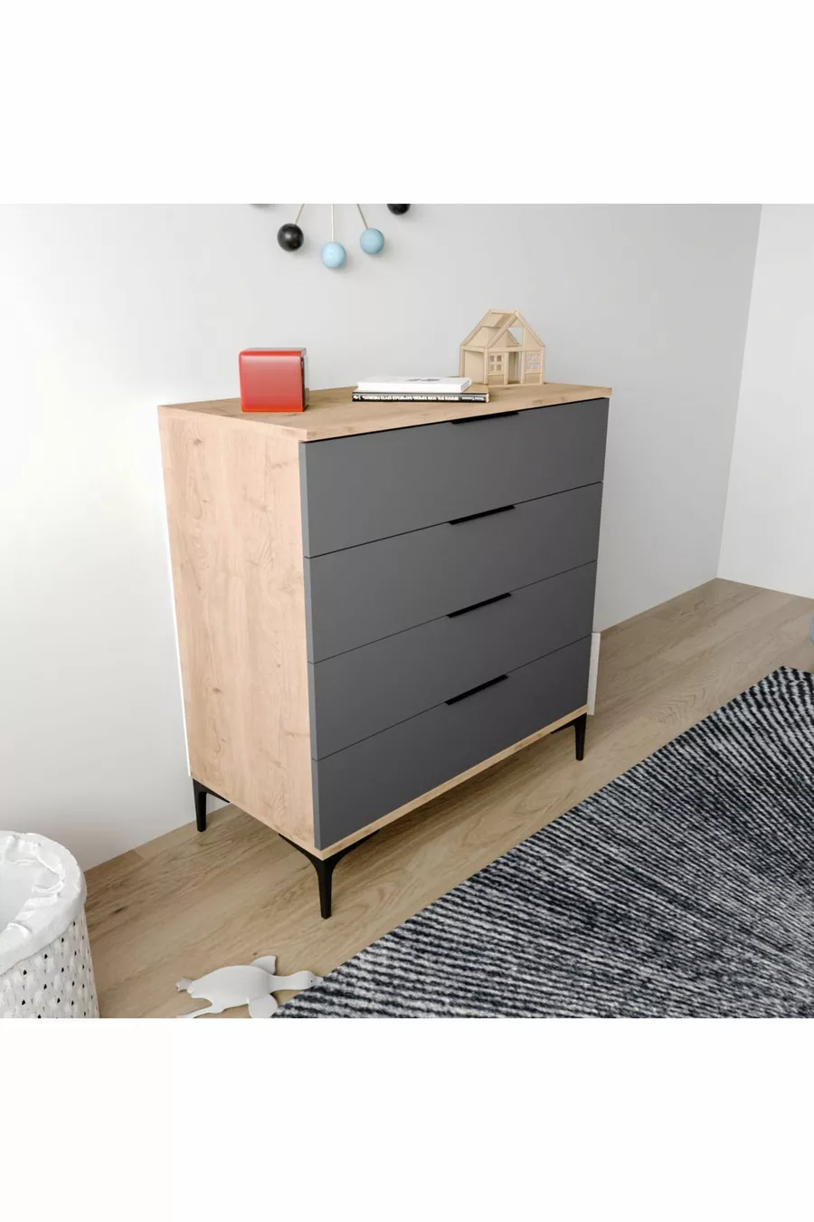 Commode Aden à 4 tiroirs anthracite, chambre à coucher, chambre d'enfant