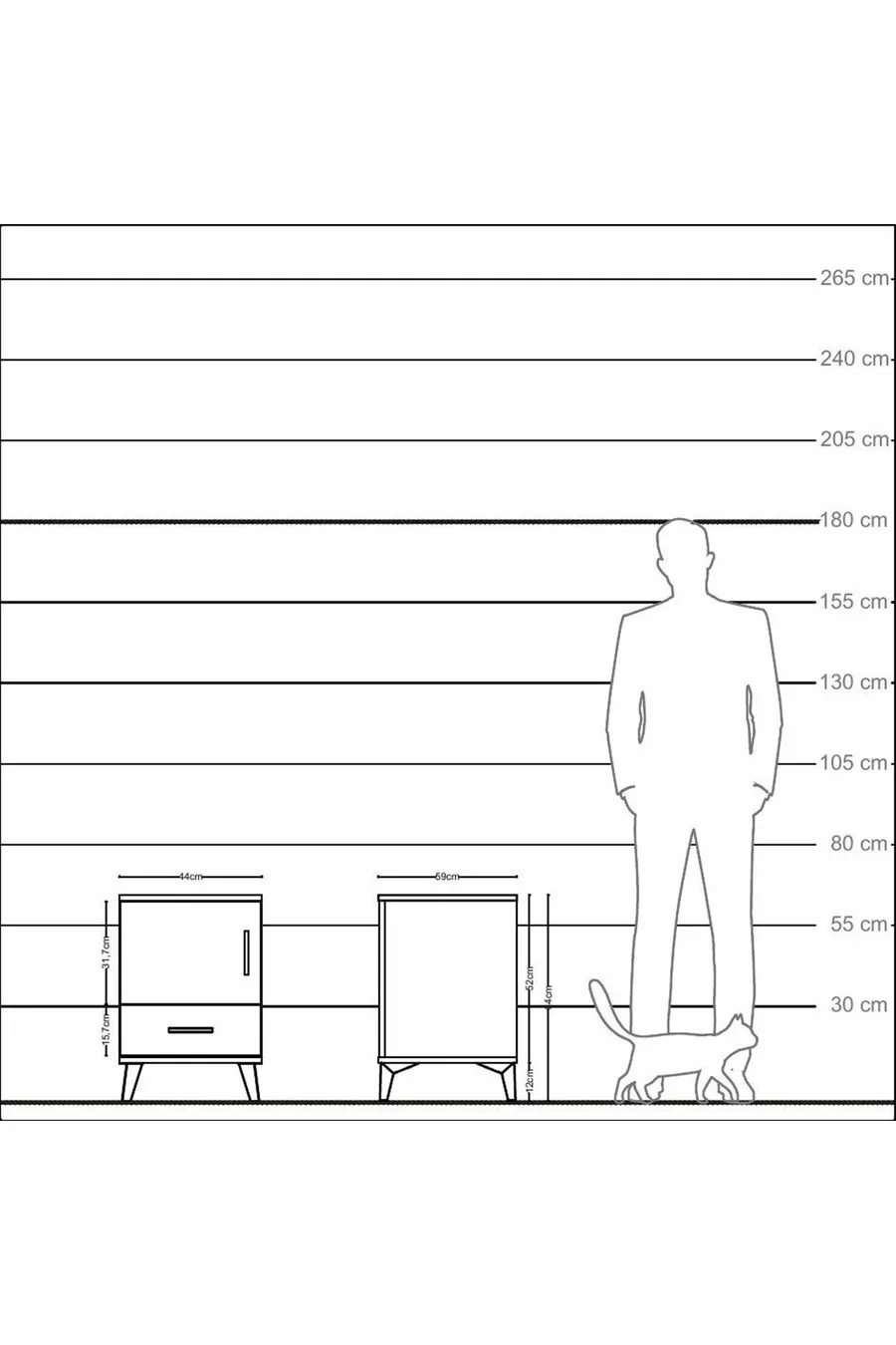 Table de chevet Kronos avec 2 étagères, 1 tiroir et 1 porte, pin-pin