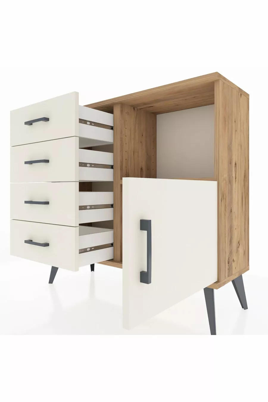 Commode Arges à une étagère, 4 tiroirs et une porte, pin et pierre de batte