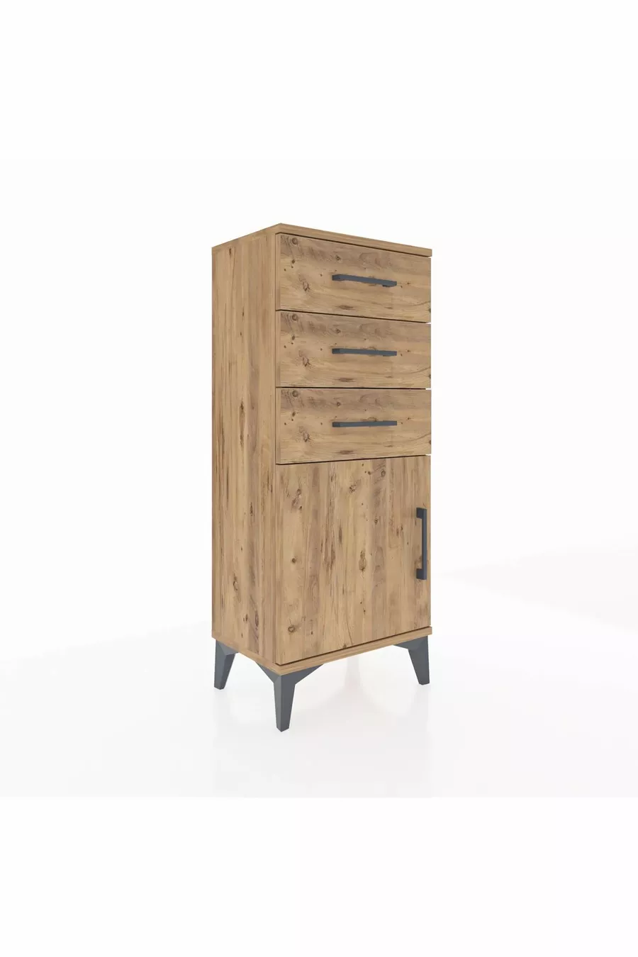 Chevet Arges avec une étagère, 3 tiroirs et une porte, en pin