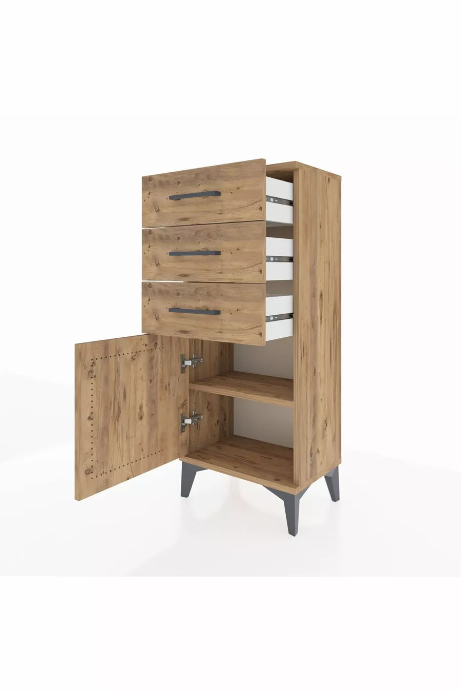 Chevet Arges avec une étagère, 3 tiroirs et une porte, en pin