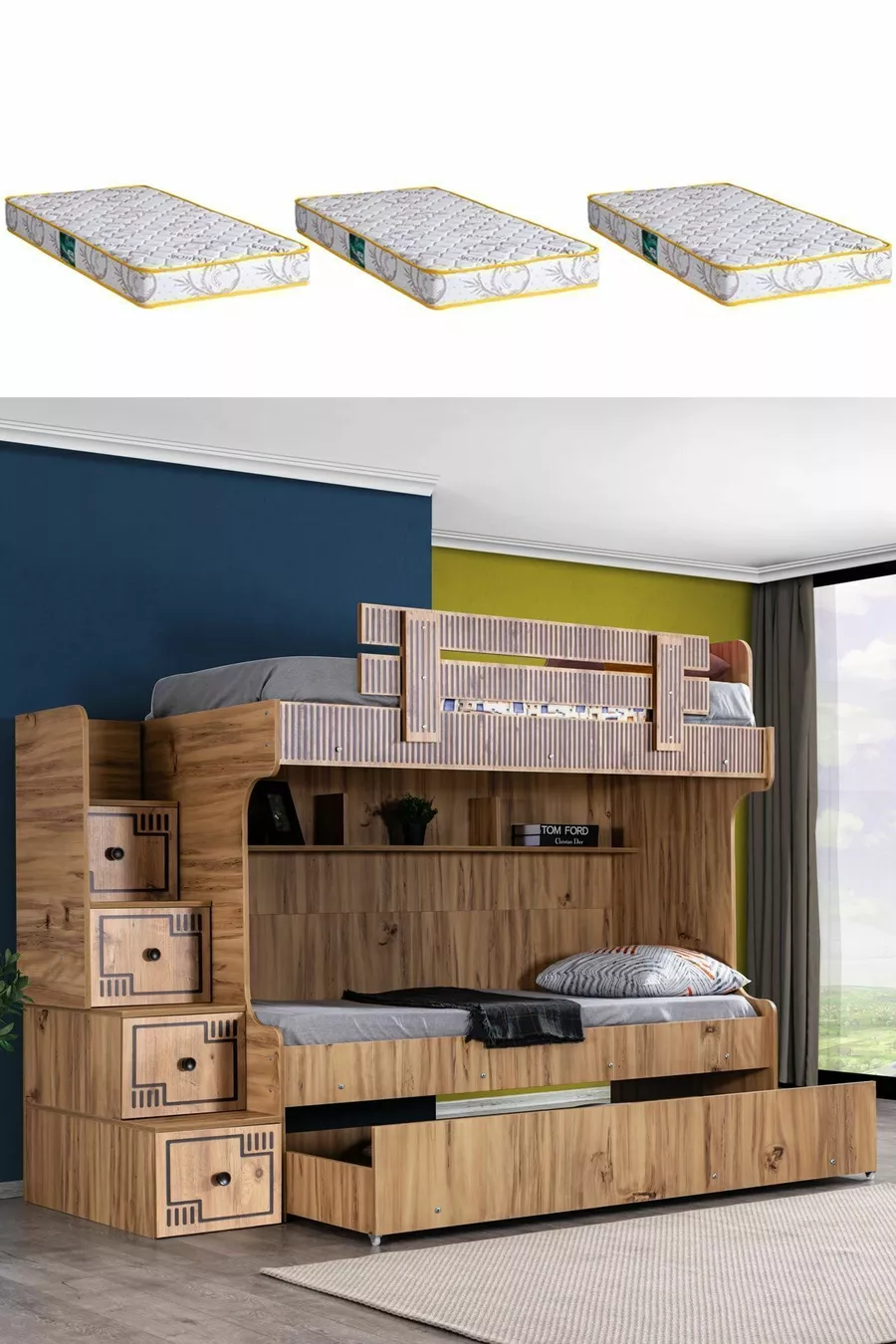 Lit superposé, lit superposé naturel avec 3 matelas confort