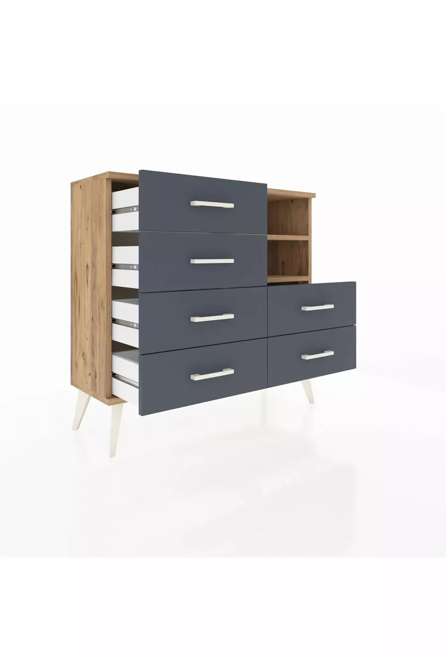 Commode Arges 2 étagères 6 tiroirs Pin-Pin/Anthracite