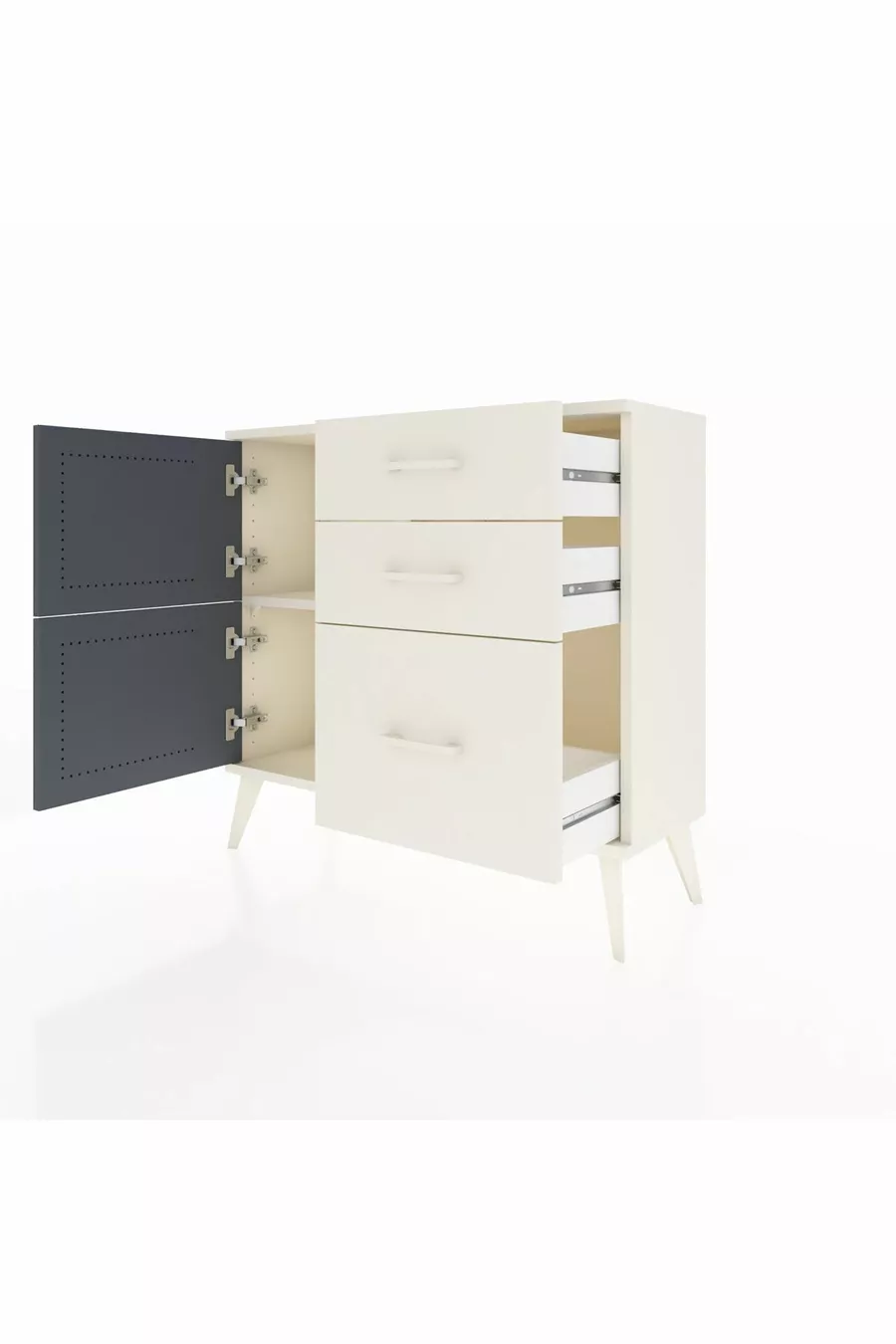 Commode Arges avec une étagère, 3 tiroirs et 2 portes, couleur Pierre de Lune-Anthracite/Pierre de Lune