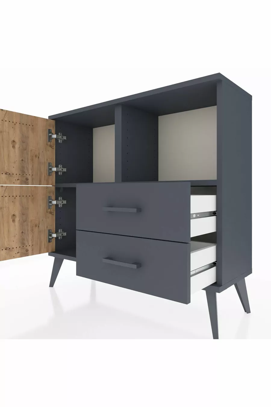 Commode Arges 2 étagères 2 tiroirs 2 portes Anthracite-Sapin/Anthracite