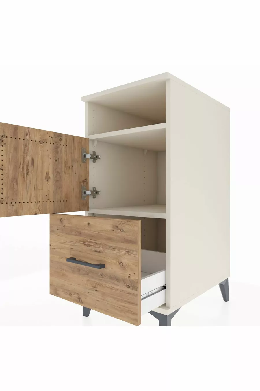 Kronos Table de chevet avec 2 étagères, 1 tiroir et 1 porte, Pierre de Lune-Sapin