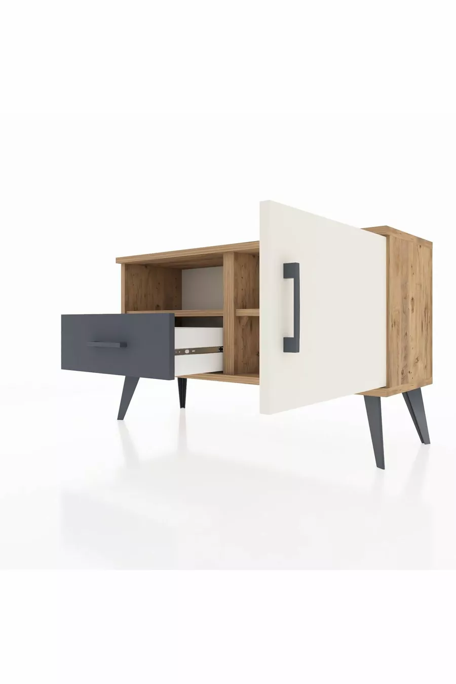 Commode Arges avec 2 étagères, 1 tiroir et 1 porte, en pin-pierre d'âme / anthracite