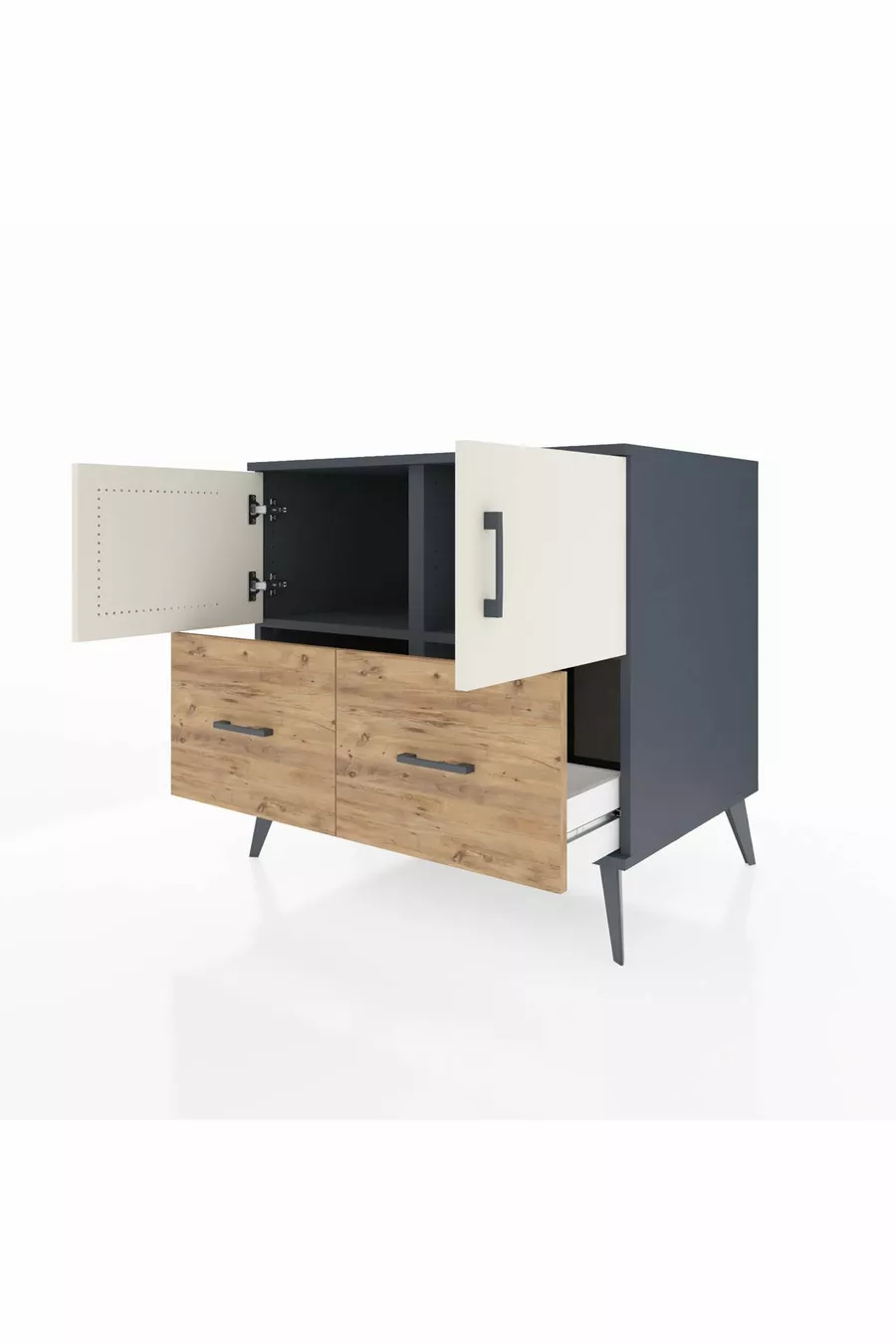 Commode Kronos avec 2 étagères, 2 tiroirs et 2 portes Anthracite-Pierre d'argile/Sapin