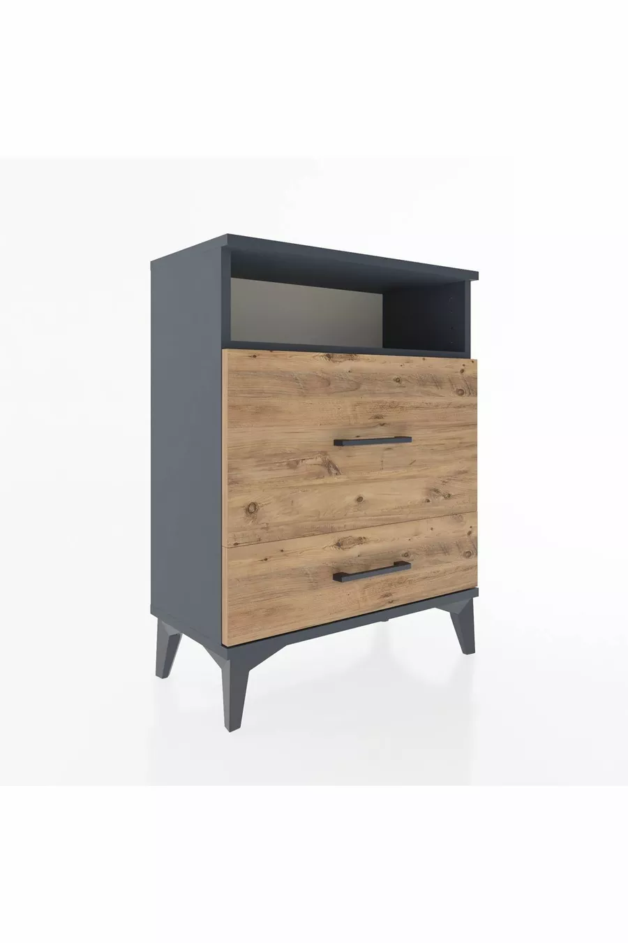 Chevet Arges à une étagère et deux tiroirs Anthracite-Pin