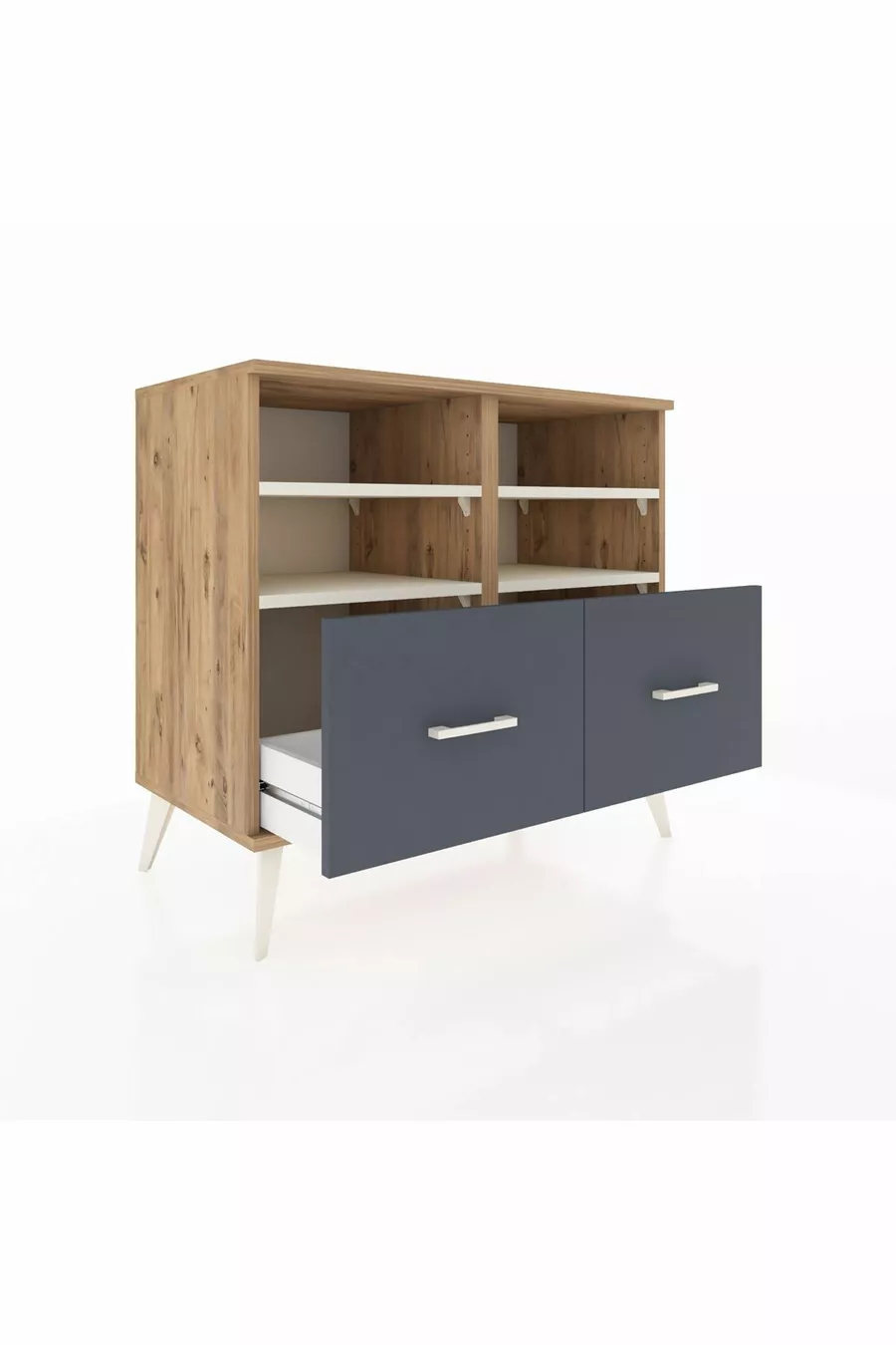 Commode Hyperion 4 étagères 2 tiroirs Pin-Aya/Anthracite