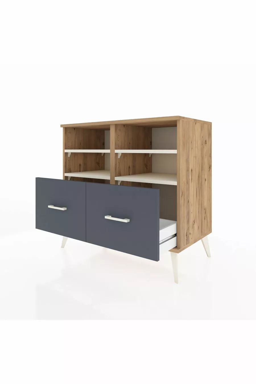 Commode Hyperion 4 étagères 2 tiroirs Pin-Aya/Anthracite