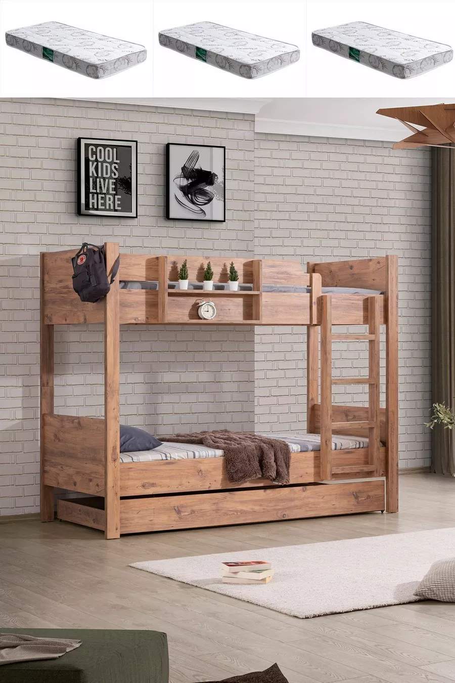 Lits superposés, Lit superposé Asya avec tiroirs et 3 matelas Comfort
