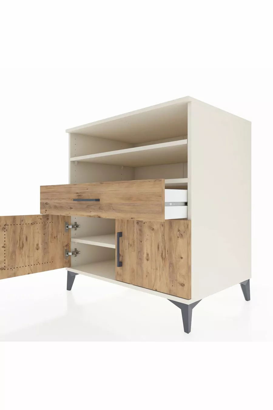 Commode Kronos avec 3 étagères, 1 tiroir et 2 portes, Pierre de Lune-Sapin
