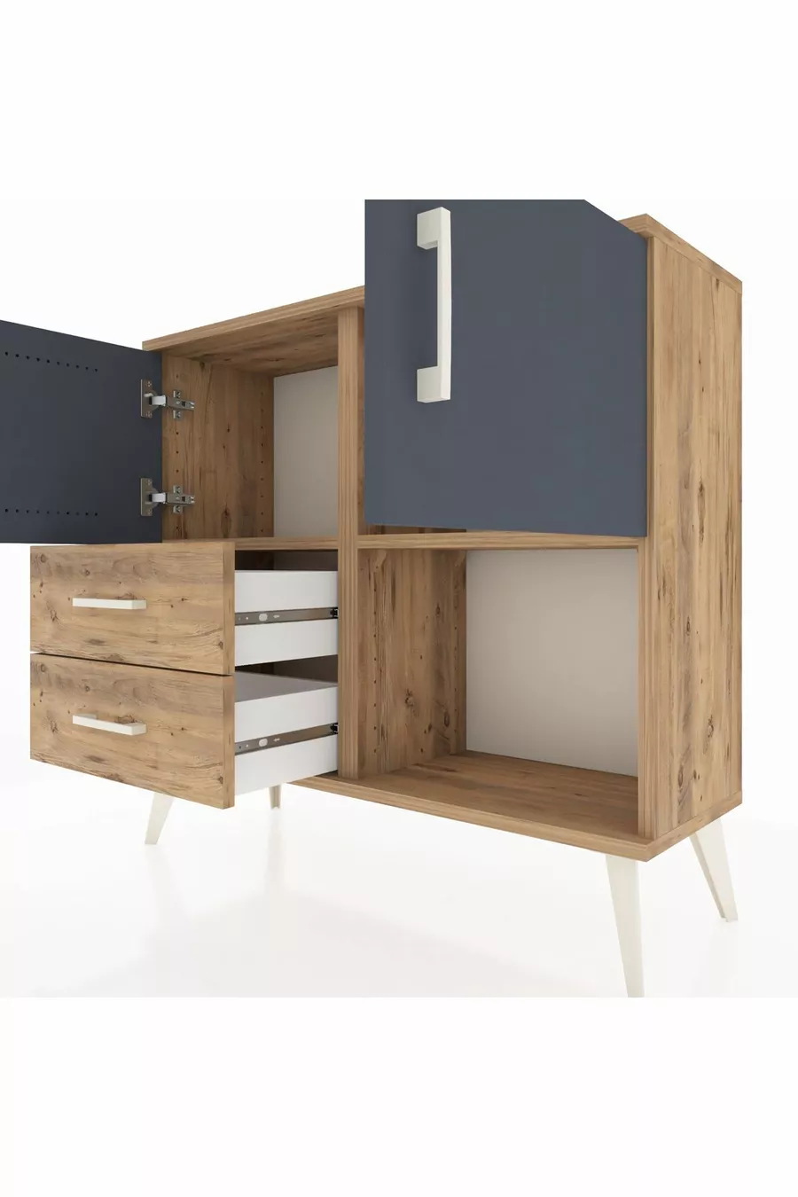 Commode Arges avec 2 étagères, 2 tiroirs, 2 portes, Pin-Anthracite/Pin