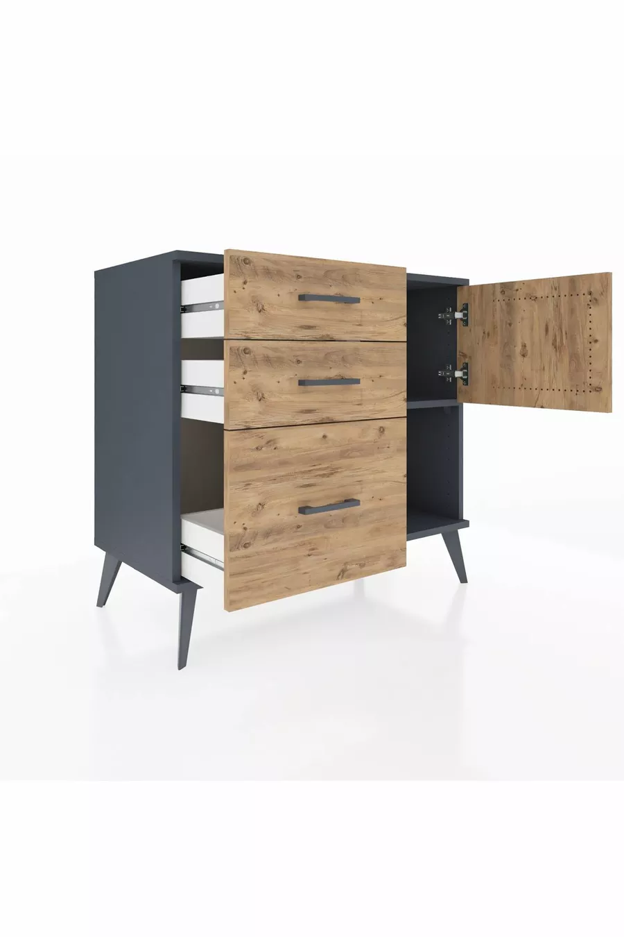 Commode Hyperion à une étagère, 3 tiroirs et une porte, Anthracite-Bois de pin
