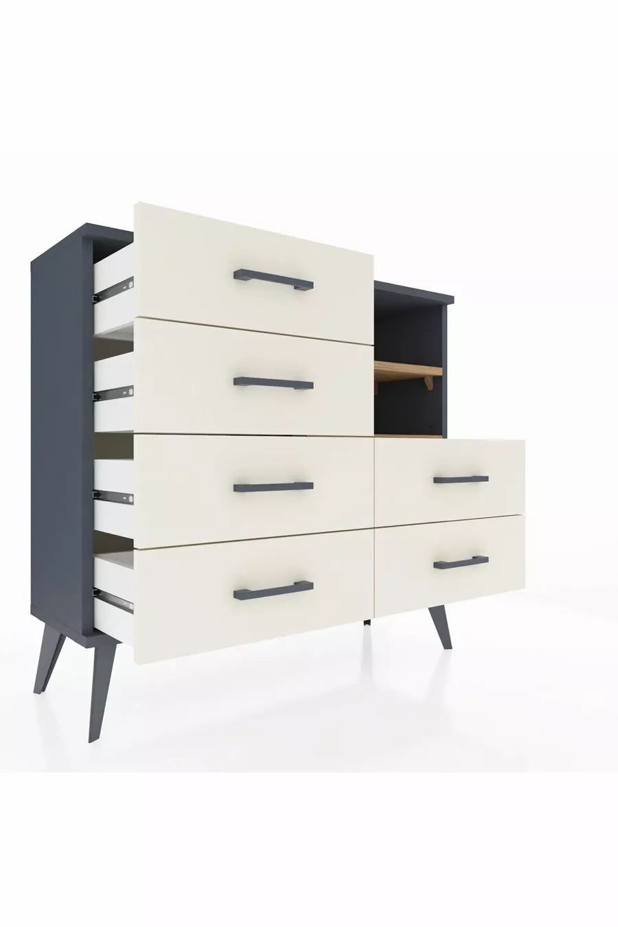 Commode Arges 2 étagères 6 tiroirs Anthracite-Pin/Pierre de Lune
