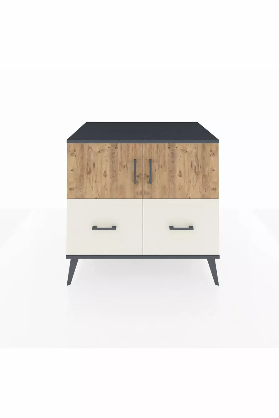 Commode Kronos 2 étagères 2 tiroirs 2 portes Anthracite-Sapin/Gris pierre