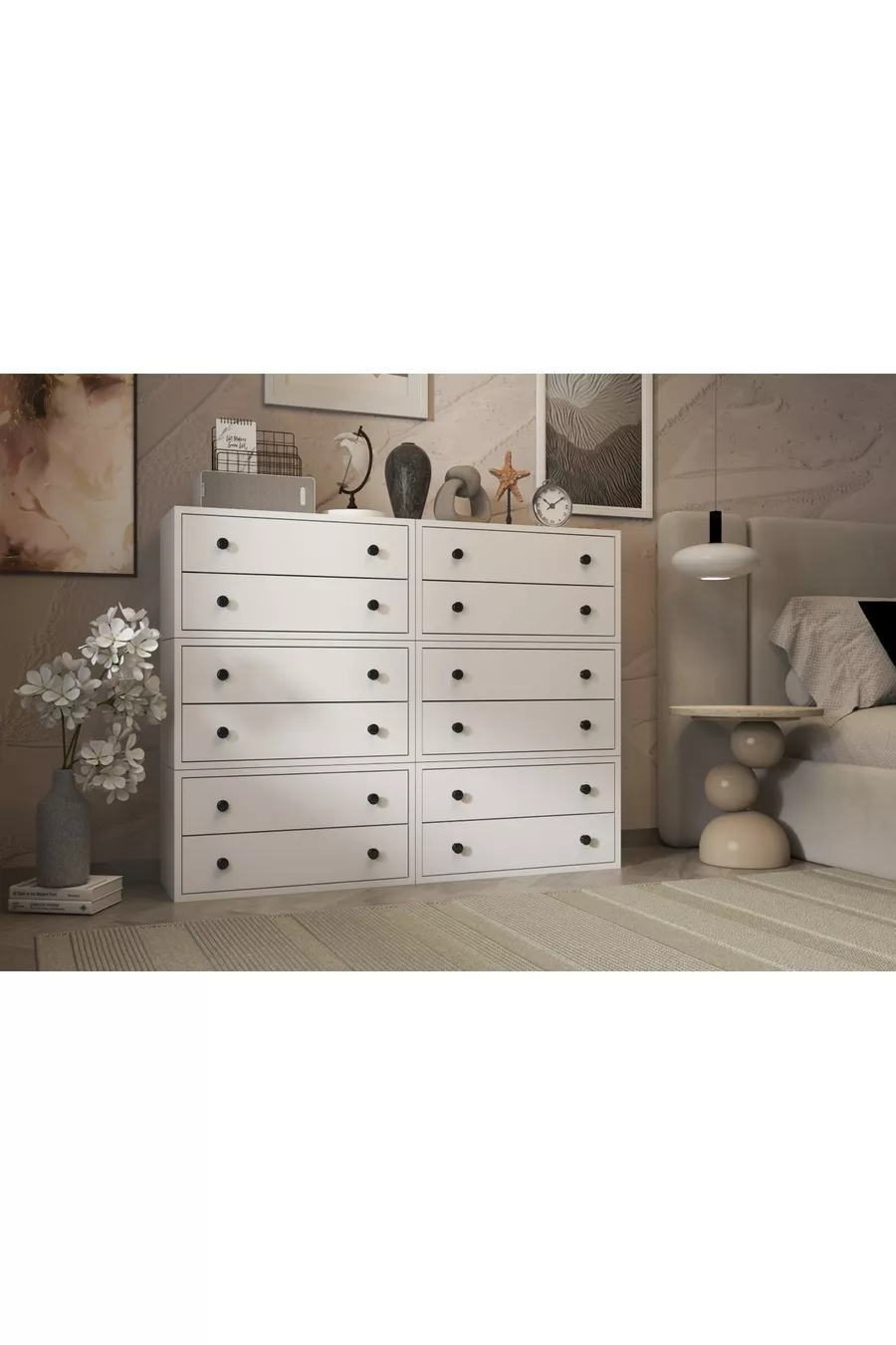 Commode blanche à douze tiroirs avec étagères, sans lattes