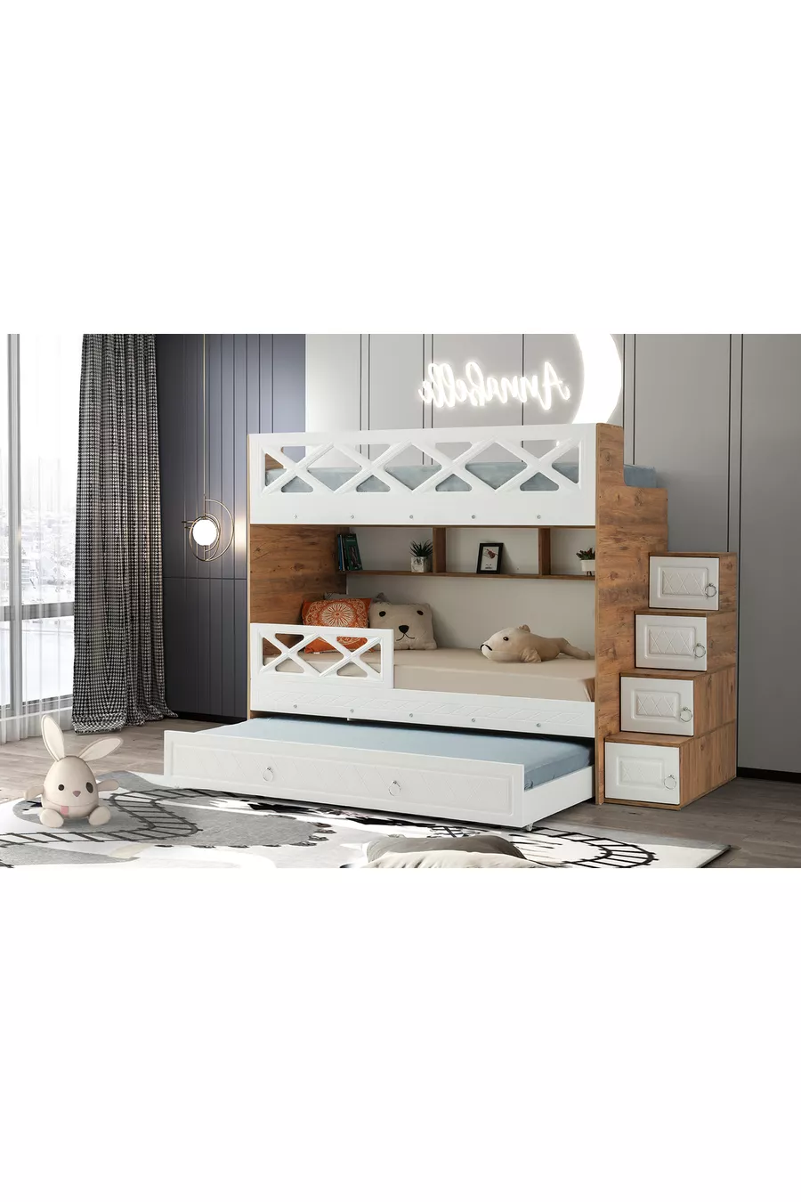 Mars Ranza / 100 % MDF / 2 Lits superposés avec sommier à ressorts en bambou / 2 Parures de lit offertes