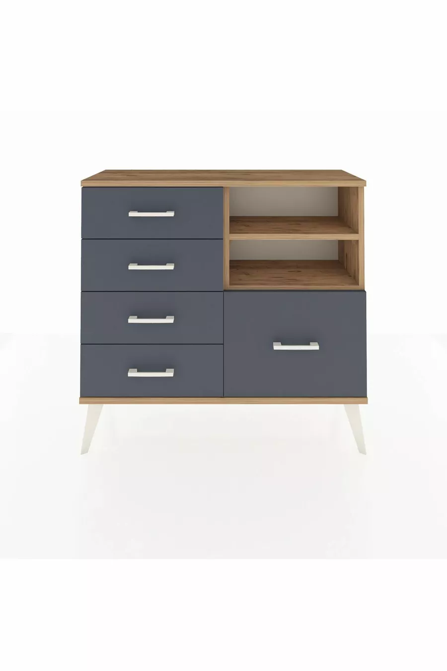 Commode Arges 2 étagères 5 tiroirs Pin-Pin/Anthracite